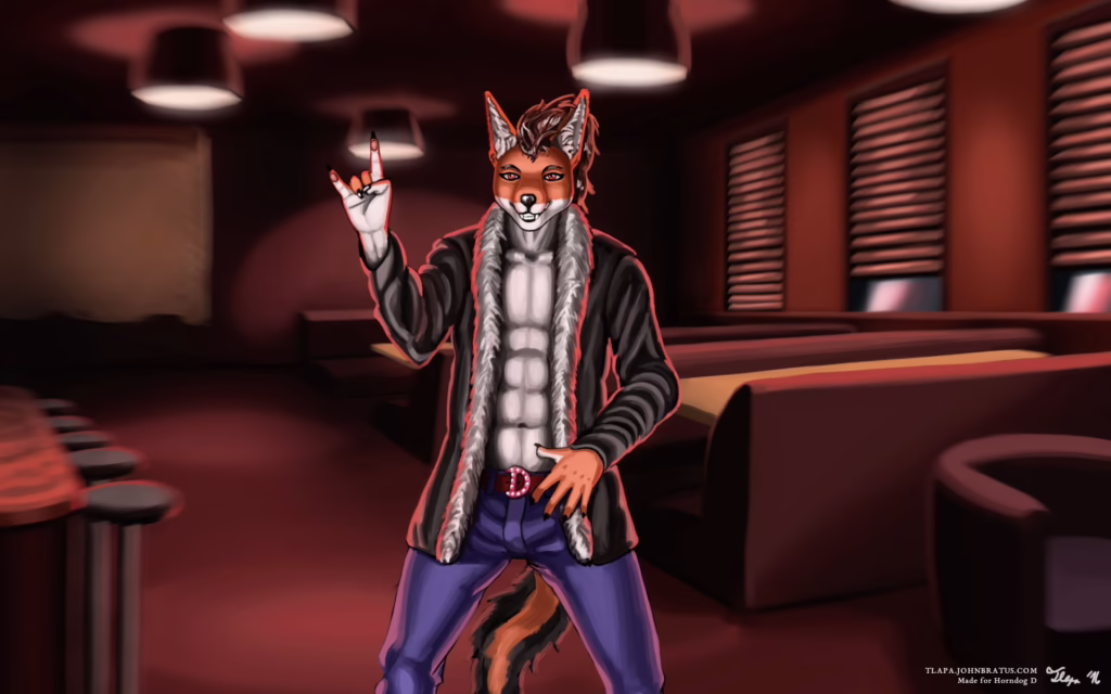 Digital painting of Horndog D, an anthropomorphic jackal preparing himself for a performance at a nightclub