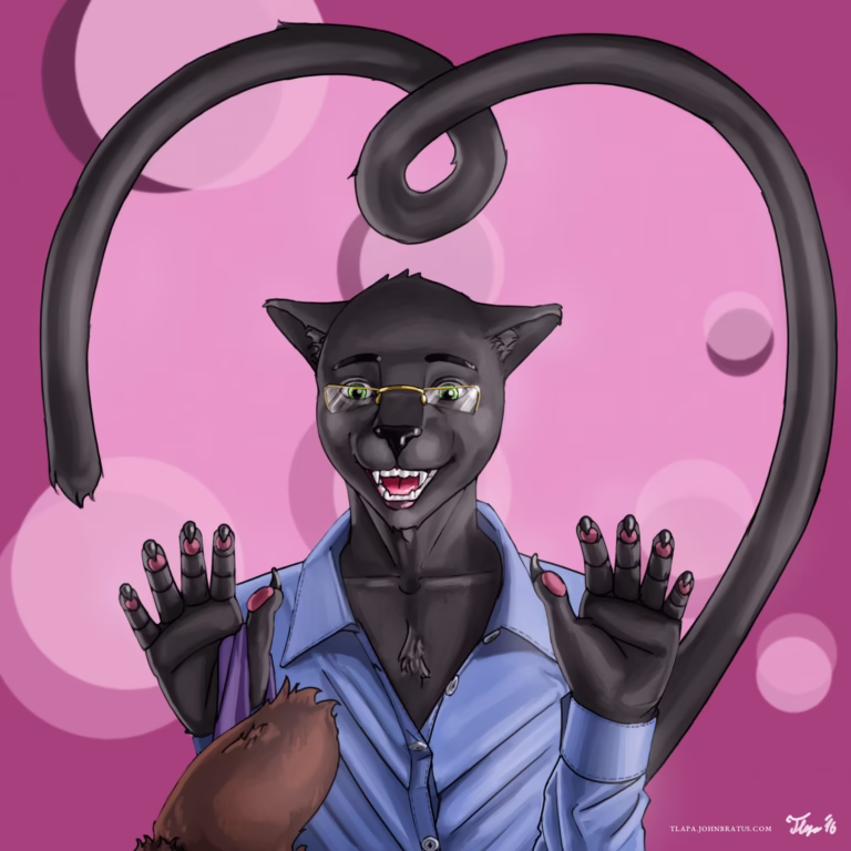 Digital painting of an anthropomorphic panther smiling in love, ready to pounce a stubby bear tail