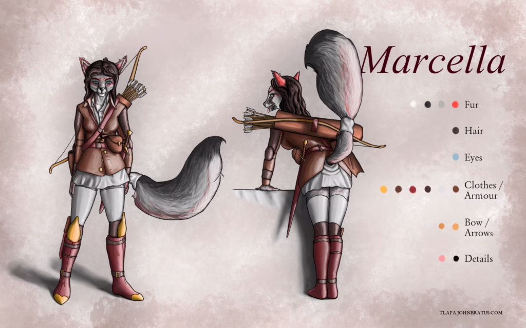 Digital character sheet of Marcella Gale, a grey fox courtesan and the protagonist of Diary of a Fox Slut