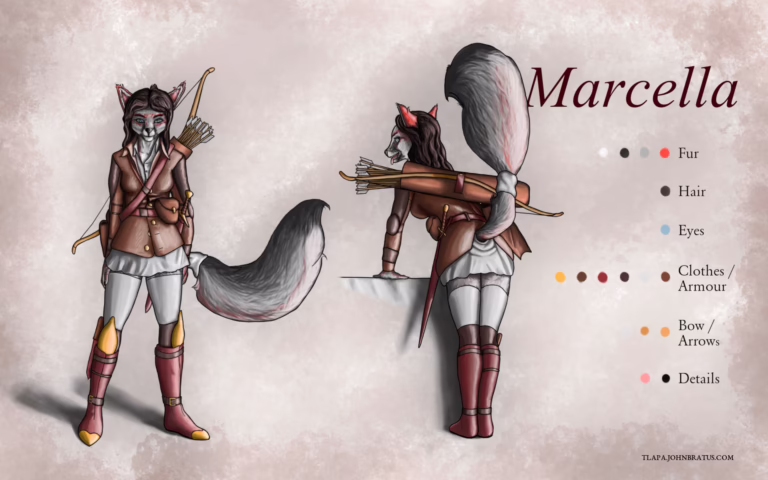 Digital character sheet of Marcella Gale, a grey fox courtesan and the protagonist of Diary of a Fox Slut