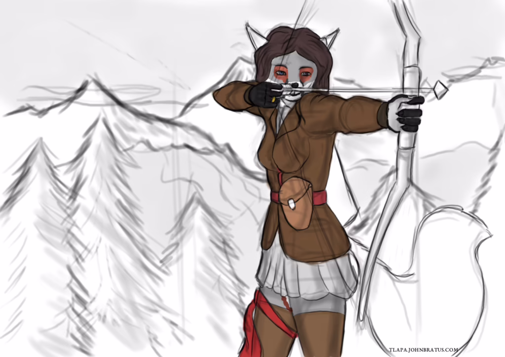 Digital sketch of the vixen Marcella Gale shooting from her bow