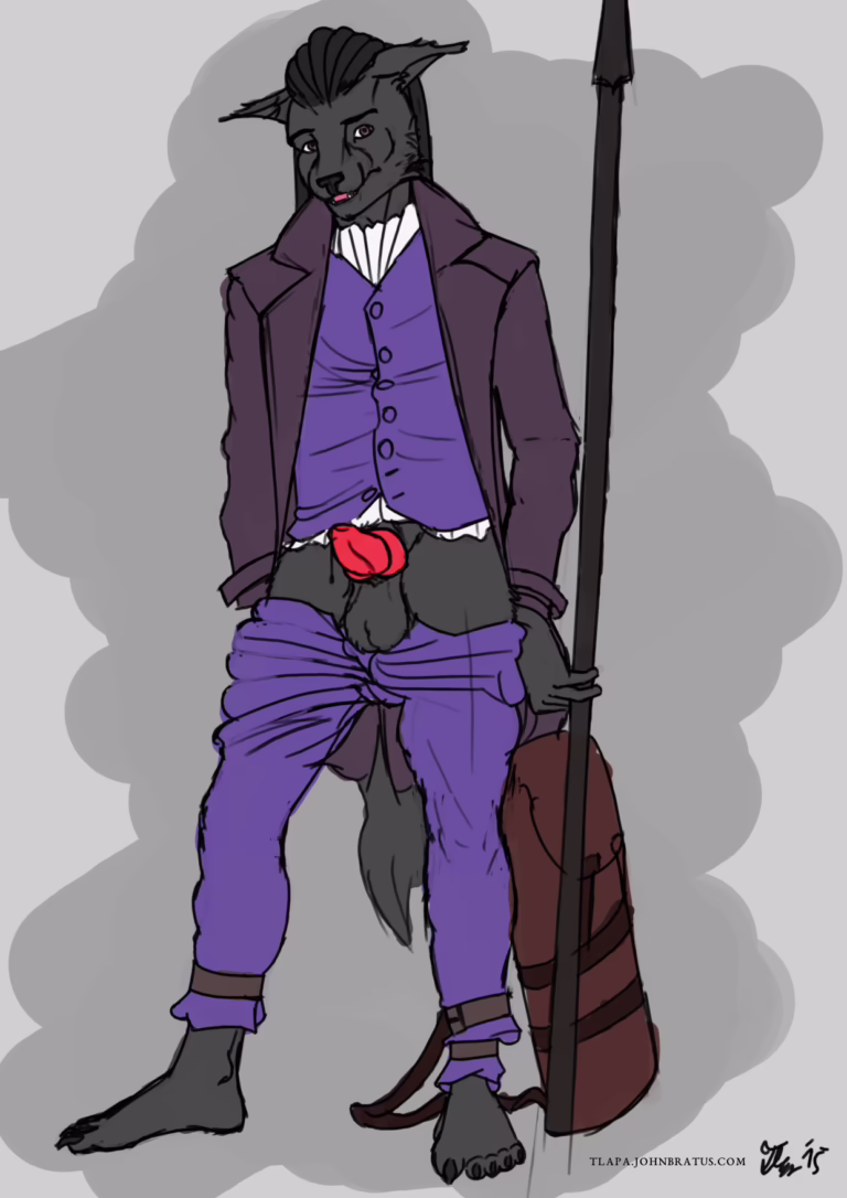 Digital sketch of the timid wolf Amand showing off his lupine penis