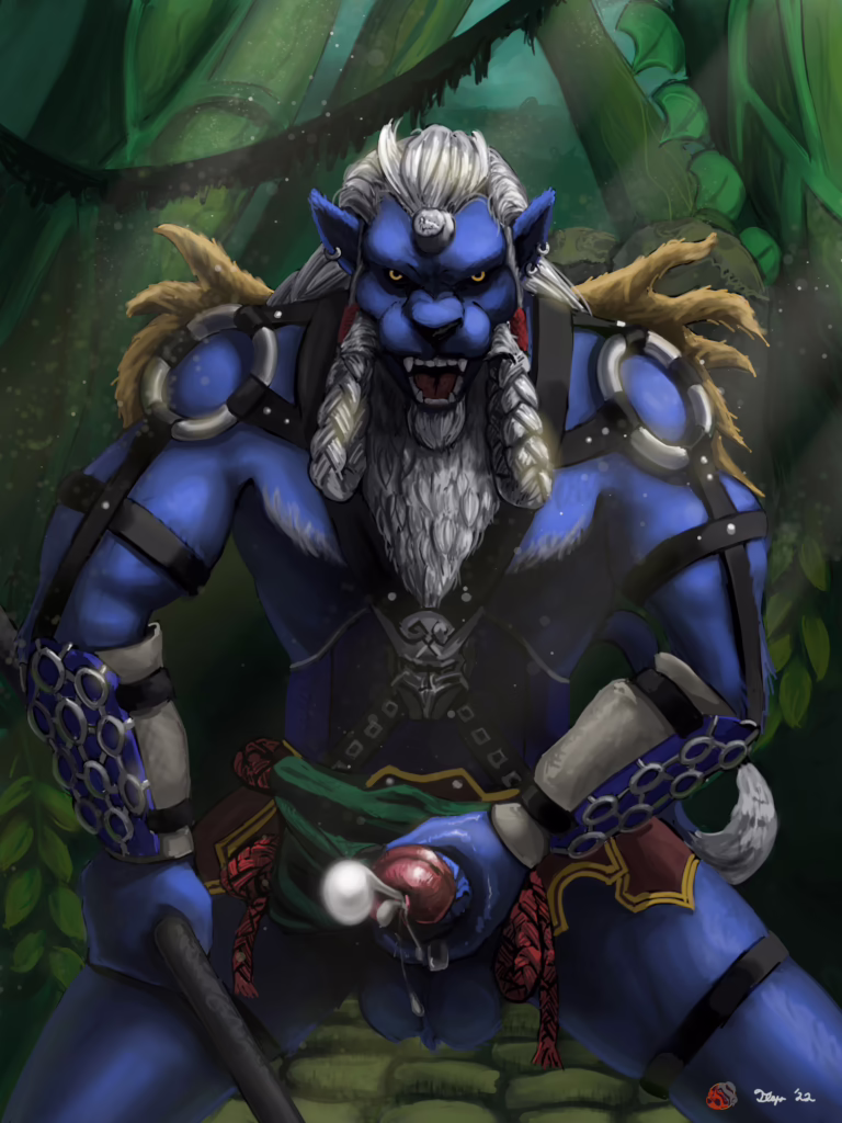 Painting of Kimahri from Final Fantasy X firing off his seed cannon.
